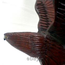 Vintage Large Signed Hand Carved Mahogany Wood Open Wings Eagle Sculpt/Figurine
