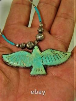 Vintage Large Zuni Hand Carved Turquoise Eagle Sterling Silver Necklace