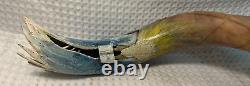 Vintage Native Hand Carved Painted Scrimshaw Long Horn Eagle Feathers Art Piece