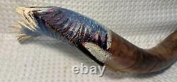 Vintage Native Hand Carved Painted Scrimshaw Long Horn Eagle Feathers Art Piece