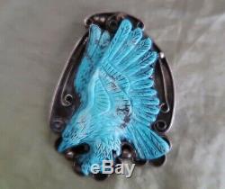 Vintage Navajo Sterling Silver Hand-Carved Turquoise Eagle Brooch Pin Pendant