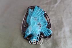 Vintage Navajo Sterling Silver Hand-Carved Turquoise Eagle Brooch Pin Pendant