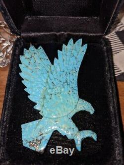 Vintage Old Pawn NAVAJO Hand CARVED TURQUOISE EAGLE PENDANT Silver Veins