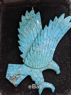 Vintage Old Pawn NAVAJO Hand CARVED TURQUOISE EAGLE PENDANT Silver Veins