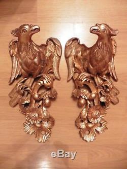 Vintage Pair of Hand Carved WOOD Wall Hung Guilded Golden Eagles bracket sconce