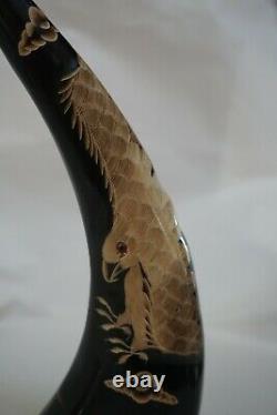 Vintage Scrimshaw Horn Eagle On A Branch Hand Carved Wood BASE Beautiful