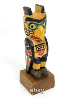 Vintage Signed Hand Carved Painted Mini Wood Totem Pole Eagle Figure Signed 4.5