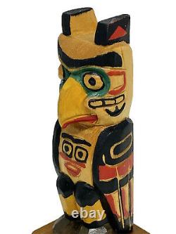 Vintage Signed Hand Carved Painted Mini Wood Totem Pole Eagle Figure Signed 4.5
