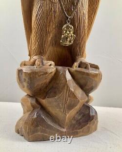 Vintage Signed Hand Carved Wooden Eagle w Native American Trench Art Necklace