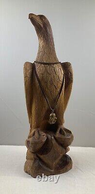 Vintage Signed Hand Carved Wooden Eagle w Native American Trench Art Necklace