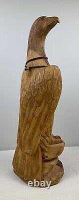 Vintage Signed Hand Carved Wooden Eagle w Native American Trench Art Necklace