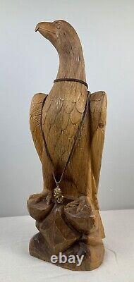 Vintage Signed Hand Carved Wooden Eagle w Native American Trench Art Necklace