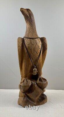 Vintage Signed Hand Carved Wooden Eagle w Native American Trench Art Necklace