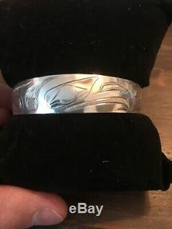 Vintage Sterling Silver Hand Carved Tlingit Bracelet Eagle Signed Alaska
