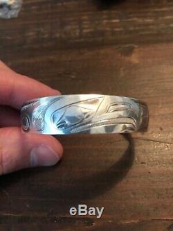 Vintage Sterling Silver Hand Carved Tlingit Bracelet Eagle Signed Alaska