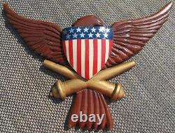 Vintage U. S. Eagle Flag Shield Plaque Hand Carved Wood Trench Art Army Cannons