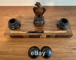 Vintage Wood Hand Carved Eagle Ink Well & Pen Holder Folk Outsider Art Desk Set