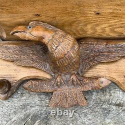Vintage Wooden Wall Mounted Coat Hooks Shelf With Hand Carved Eagle