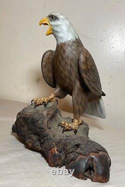 Vintage hand carved painted wood Folk Art bald eagle bird sculpture statue