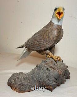 Vintage hand carved painted wood Folk Art bald eagle bird sculpture statue