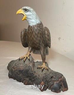 Vintage hand carved painted wood Folk Art bald eagle bird sculpture statue