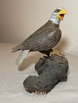 Vintage hand carved painted wood Folk Art bald eagle bird sculpture statue