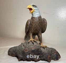 Vintage hand carved painted wood Folk Art bald eagle bird sculpture statue