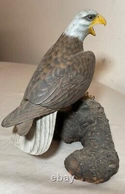 Vintage hand carved painted wood Folk Art bald eagle bird sculpture statue