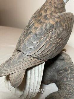 Vintage hand carved painted wood Folk Art bald eagle bird sculpture statue