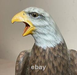 Vintage hand carved painted wood Folk Art bald eagle bird sculpture statue