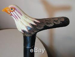 Vintage hand carved painted wood figural bald eagle bird walking stick cane