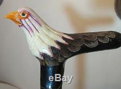 Vintage hand carved painted wood figural bald eagle bird walking stick cane