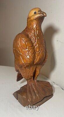 Vintage hand carved wood folk art glass eye bird eagle sculpture statue figure