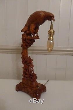Vintage wooden eagle bird table lamp bedroom handmade unique hand carved art