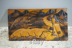 Vtg 1930s Hand Carved Wood Art Native American Eagle Sheep Mountains 18 x 9