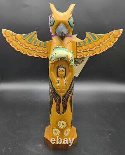 Vtg Signed Wood Hand Carved Pat Moore Alaska Black Diamond Totem Pole Eagle Boy