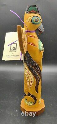 Vtg Signed Wood Hand Carved Pat Moore Alaska Black Diamond Totem Pole Eagle Boy