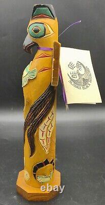 Vtg Signed Wood Hand Carved Pat Moore Alaska Black Diamond Totem Pole Eagle Boy