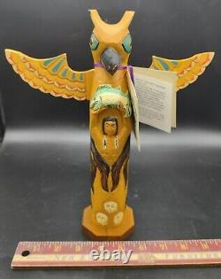 Vtg Signed Wood Hand Carved Pat Moore Alaska Black Diamond Totem Pole Eagle Boy