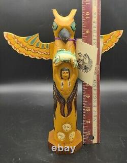 Vtg Signed Wood Hand Carved Pat Moore Alaska Black Diamond Totem Pole Eagle Boy