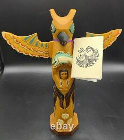 Vtg Signed Wood Hand Carved Pat Moore Alaska Black Diamond Totem Pole Eagle Boy