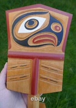 Vtg. Stephen Hunt Kwakiutl Native Hand Carved Copper Shaped Cedar Eagle Rattle