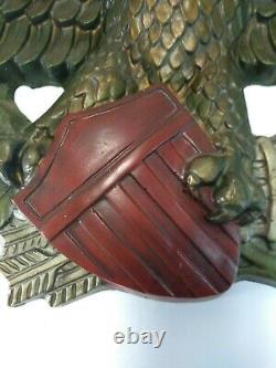 Vtg Wood Hand Carved Eagle Statue 31 Wing Span U. S. A Shield Arrows Olive Branch