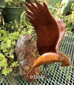 Vtg Wood Hand Carved Wood Eagle OOAK Statue Figurine Rare Wall Hanging USA Art