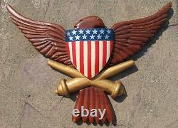 WWII U. S. Eagle Flag Shield Plaque Hand Carved Wood Trench Art Army Cannons POW