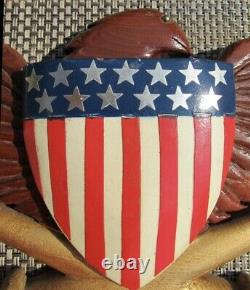 WWII U. S. POW Eagle Flag Shield Plaque Hand Carved Wood Art Army Cannons 1945