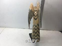 Water Buffalo Horns Hand Carved Eagle Hawk Bird Sculpture MID Century Tigher Red