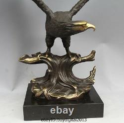 Western Art Copper Bronze Eagle Hawk Bird Figurine Sculpture Marble Base Statue