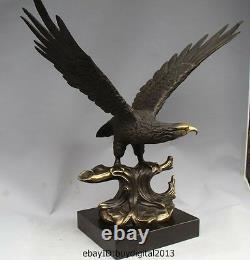 Western Art Copper Bronze Eagle Hawk Bird Figurine Sculpture Marble Base Statue