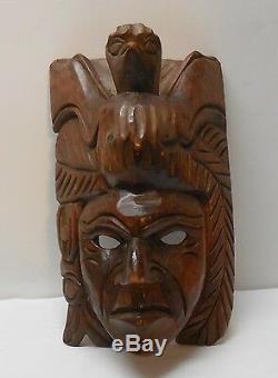 Wood Mask Eagle Headdress Feathers and Designs Hand Carved Vintage